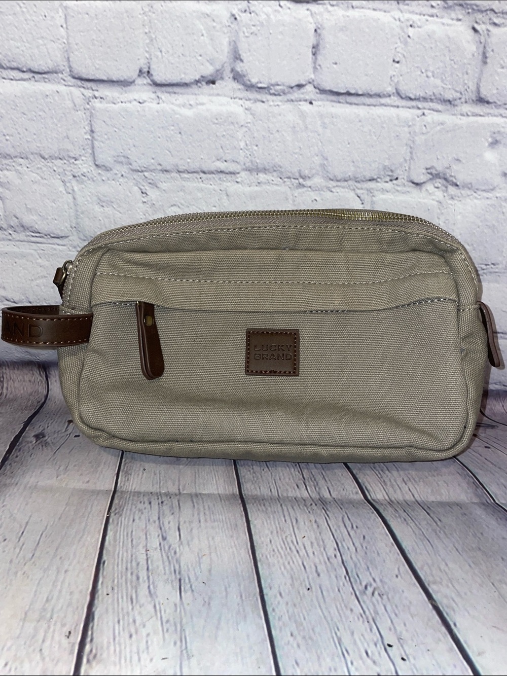 Lucky Brand Men's Canvas Dopp Kit in Taupe with Brown Trim